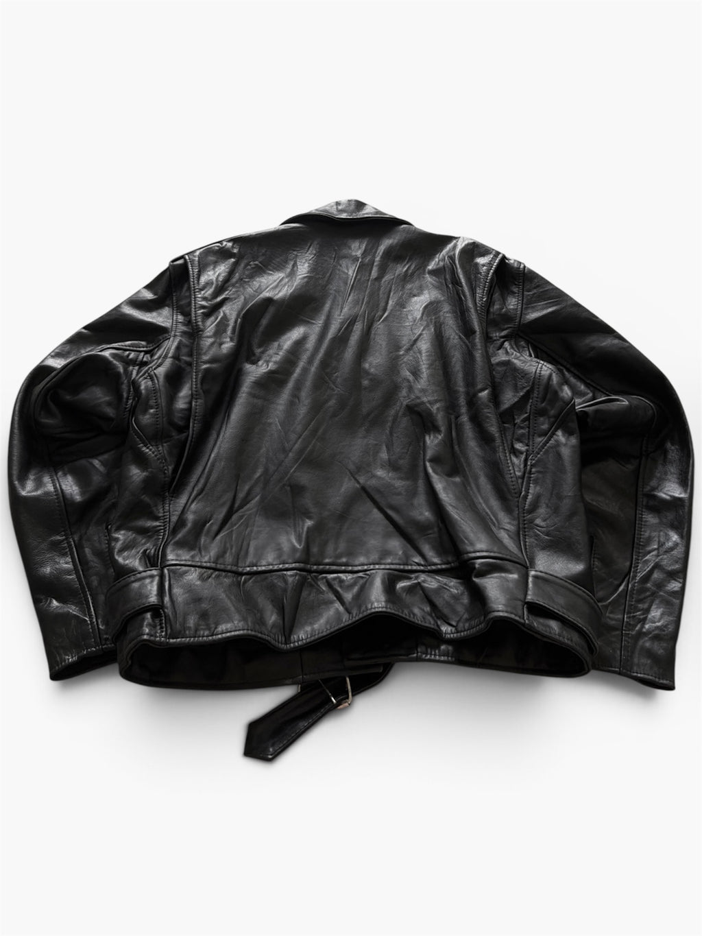 VTG Genuine Leather Biker Jacket Black Belted Asymmetrical Zip L/XL