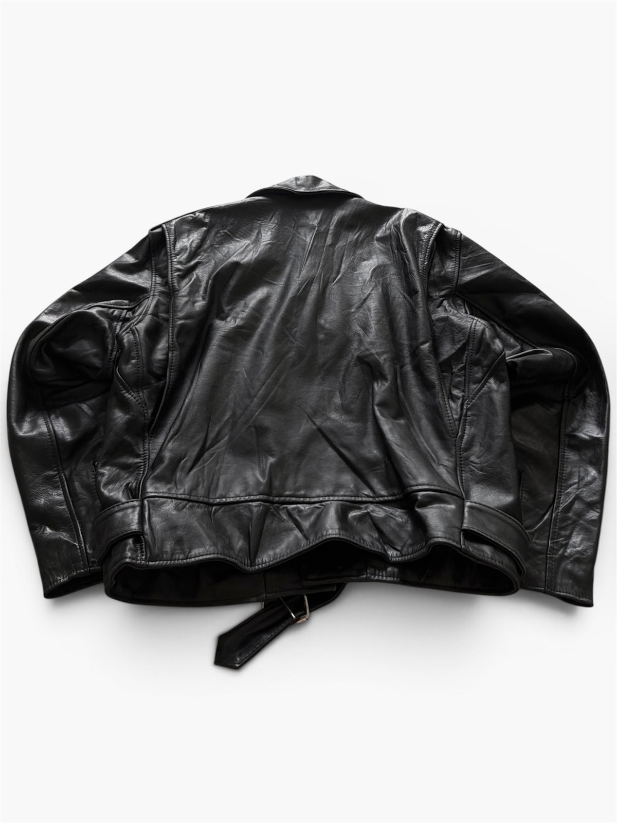 VTG Genuine Leather Biker Jacket Black Belted Asymmetrical Zip L/XL
