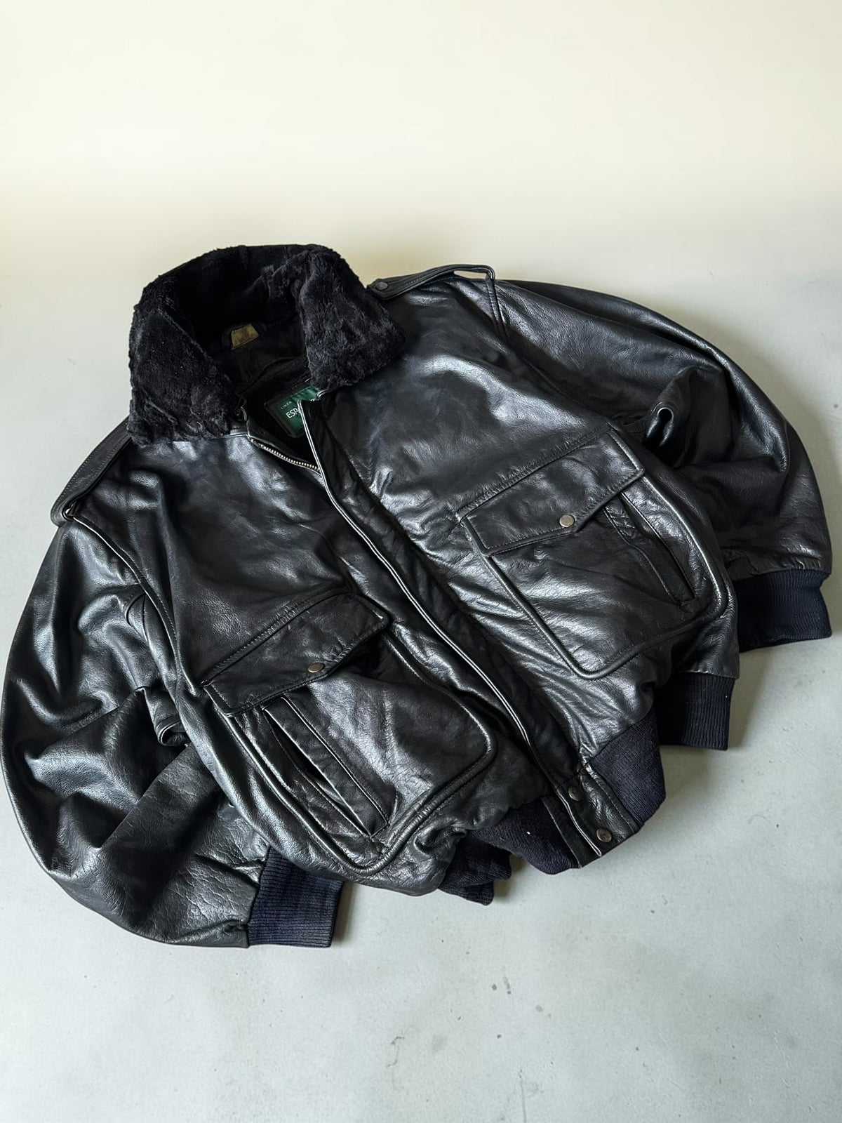 Black Bomber Leather Jacket - XL