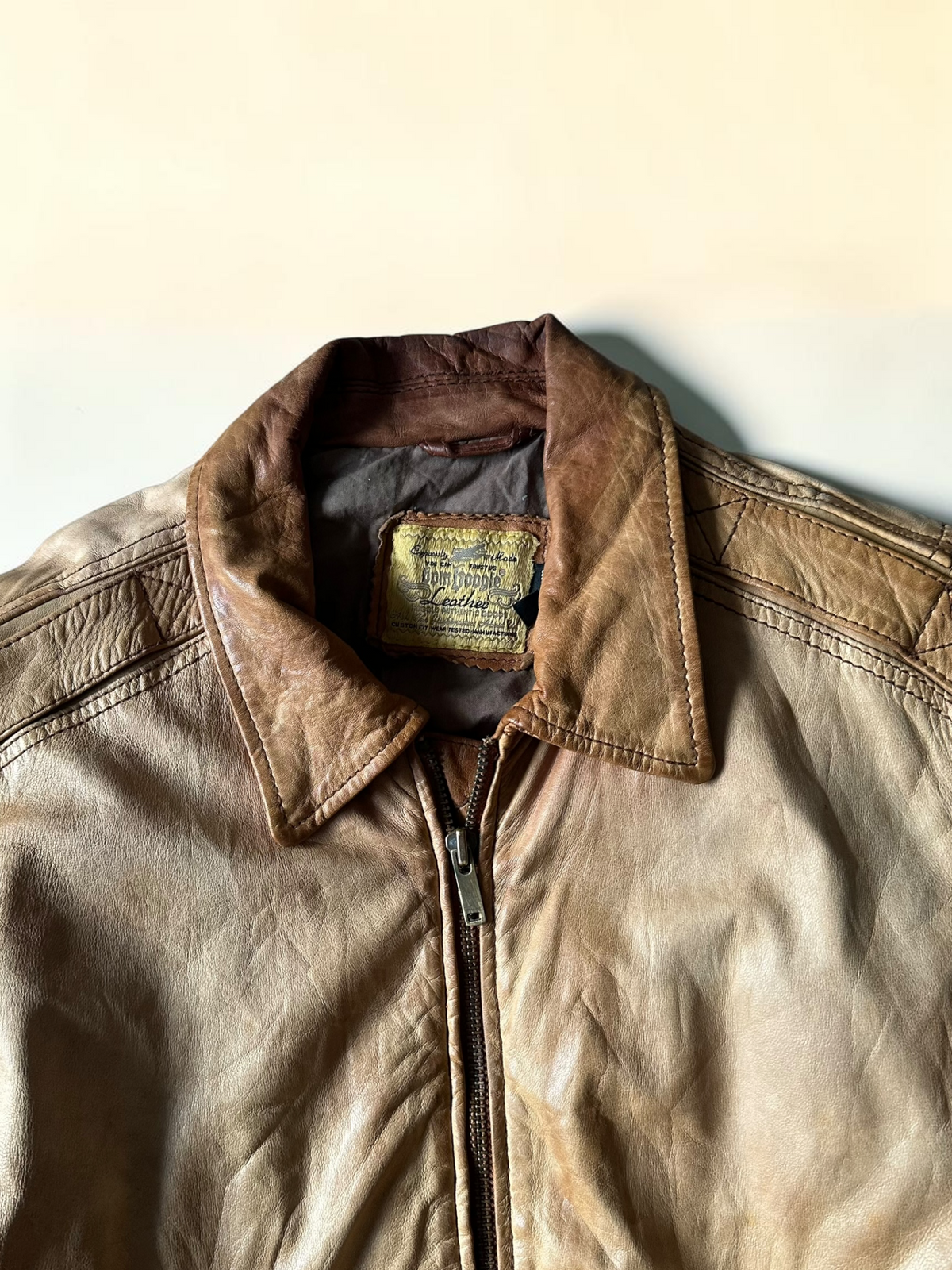 Light Brown Bomber Leather Jacket - M
