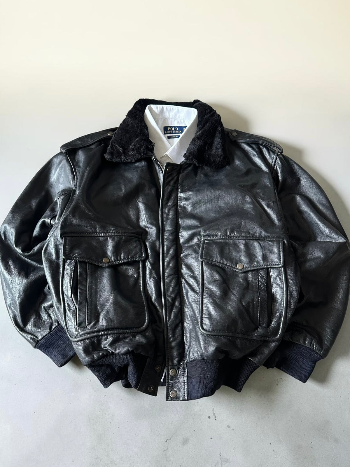 Black Bomber Leather Jacket - XL