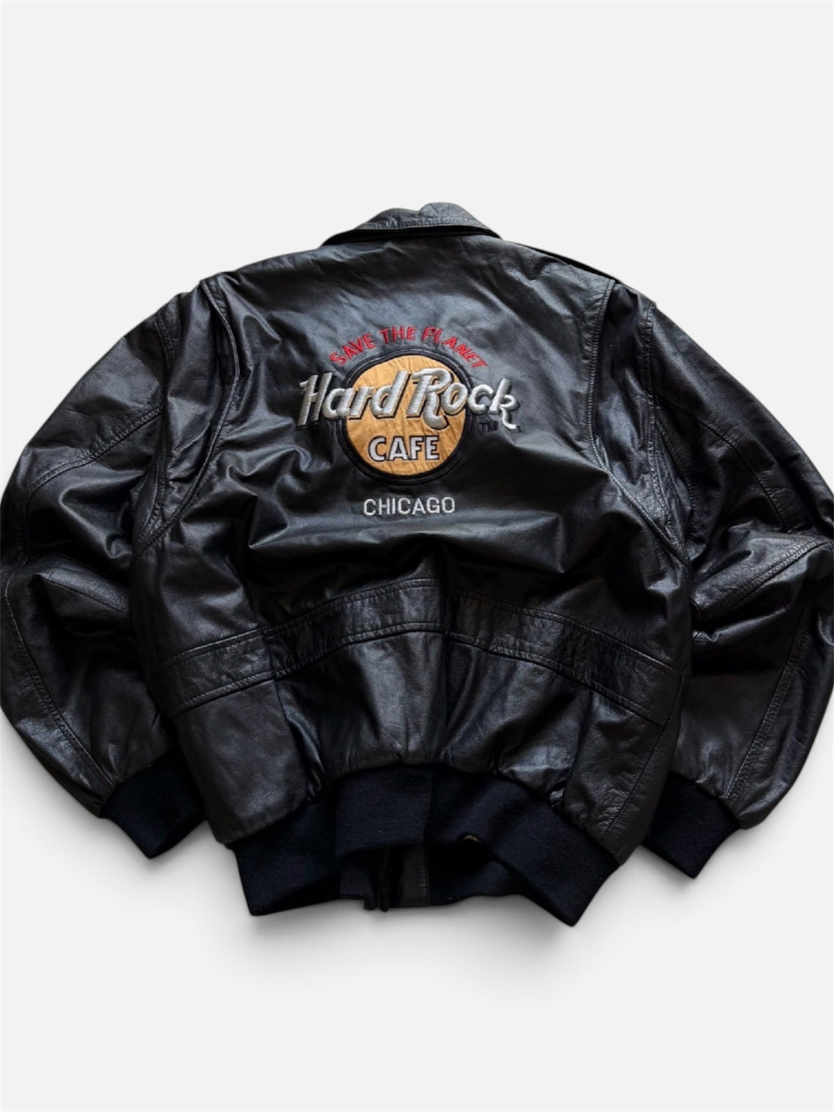 Hard Rock Cafe Chicago Black Bomber Leather Jacket- L