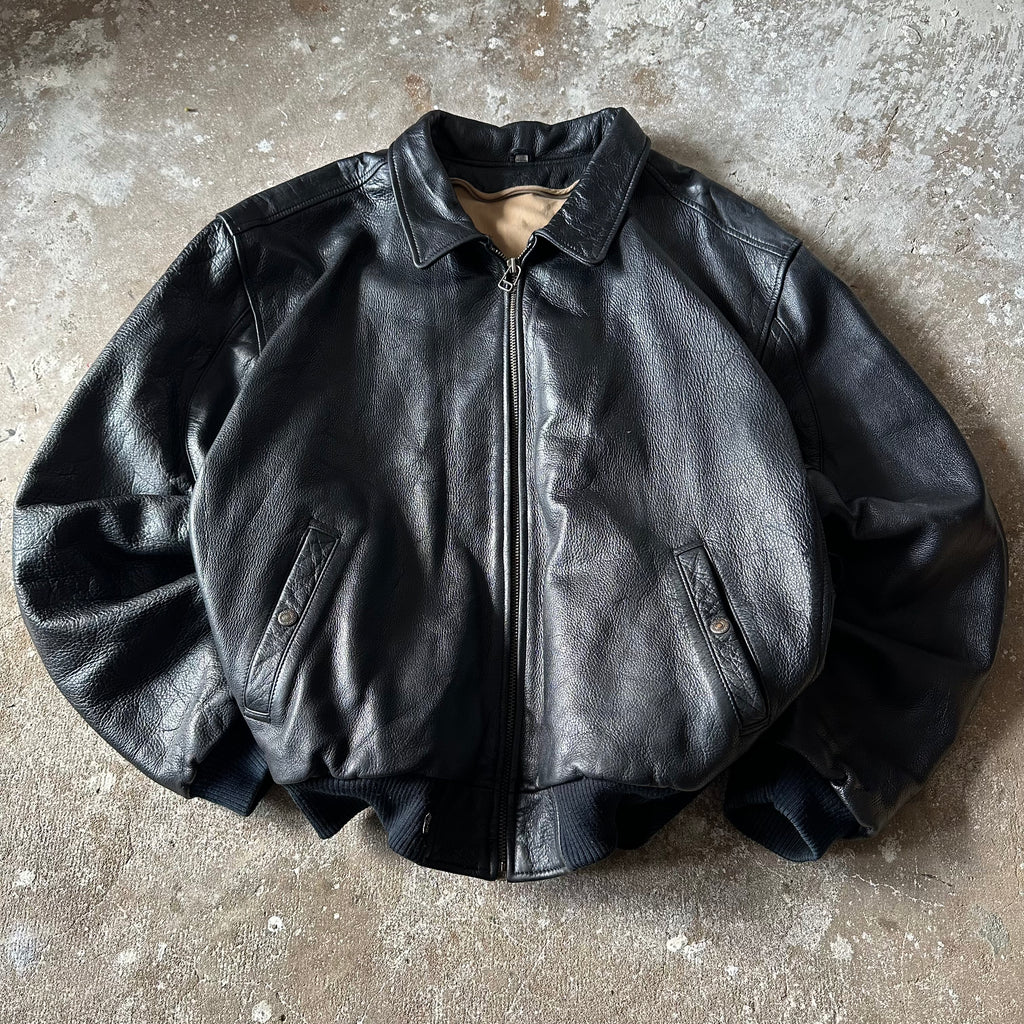 Vintage Levi’s Black Leather Bomber Jacket – Real Leather – Ribbed Waist & Cuffs- XL
