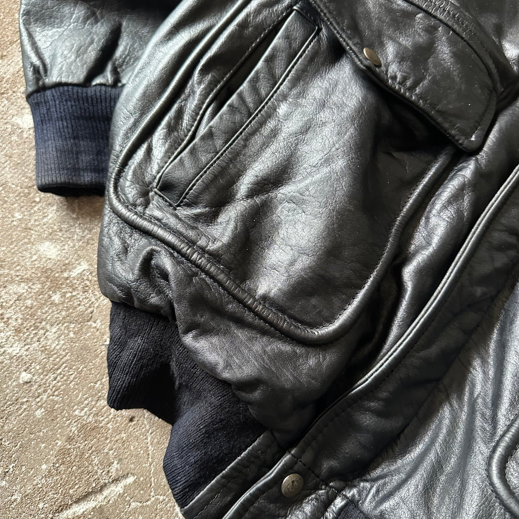 Black Bomber Leather Jacket - XL