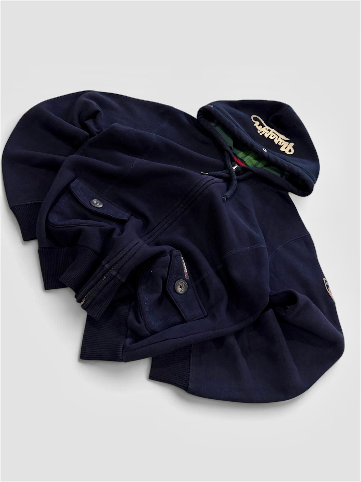 Napapijri Geographic Zip Hoodie Navy Shield Patch Plaid Flannel Hood- TAGGED XL FITS S/M