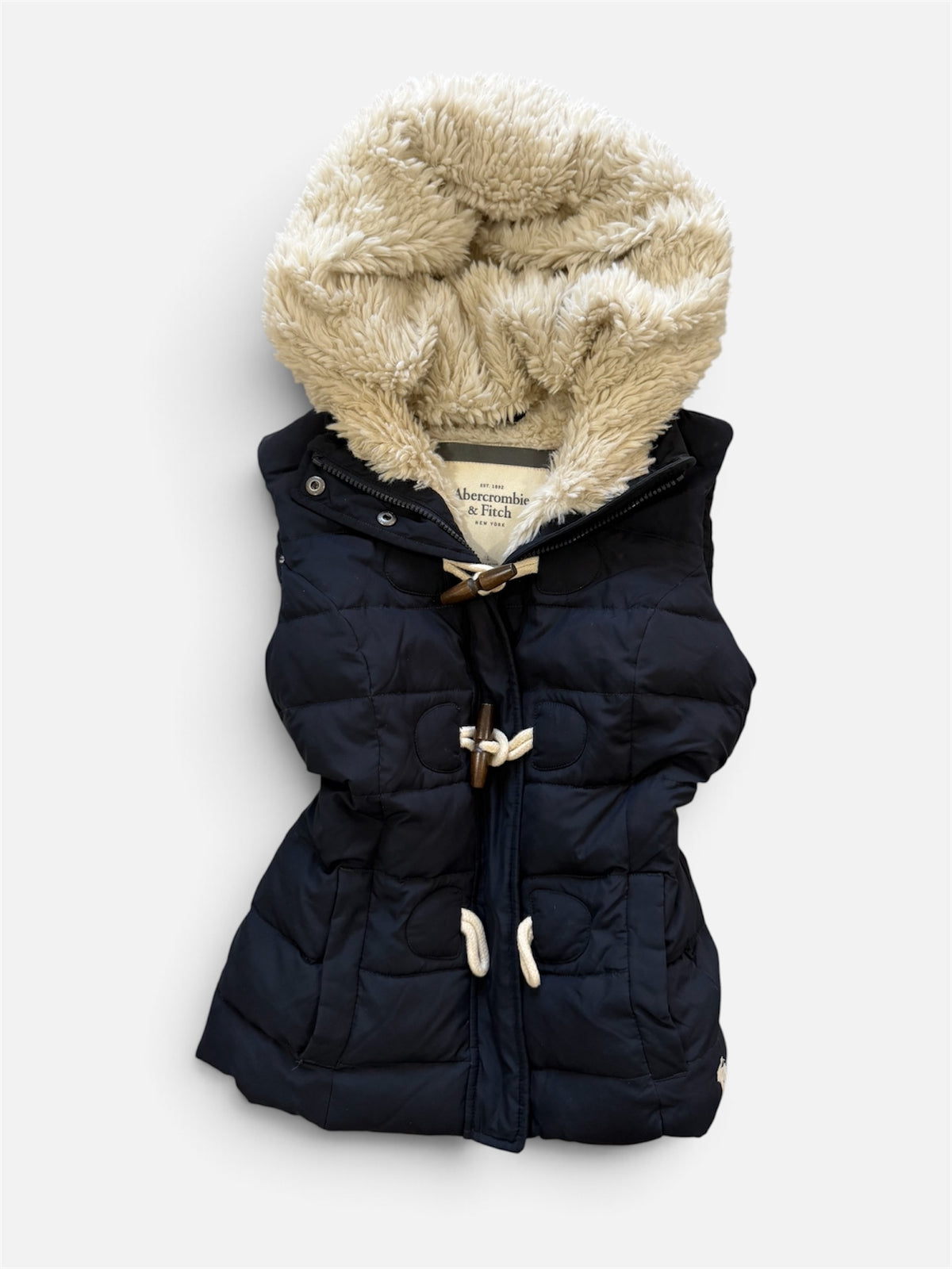 Abercrombie & Fitch Women's Puffer Vest - Navy - Sherpa Lined Hood - Size L