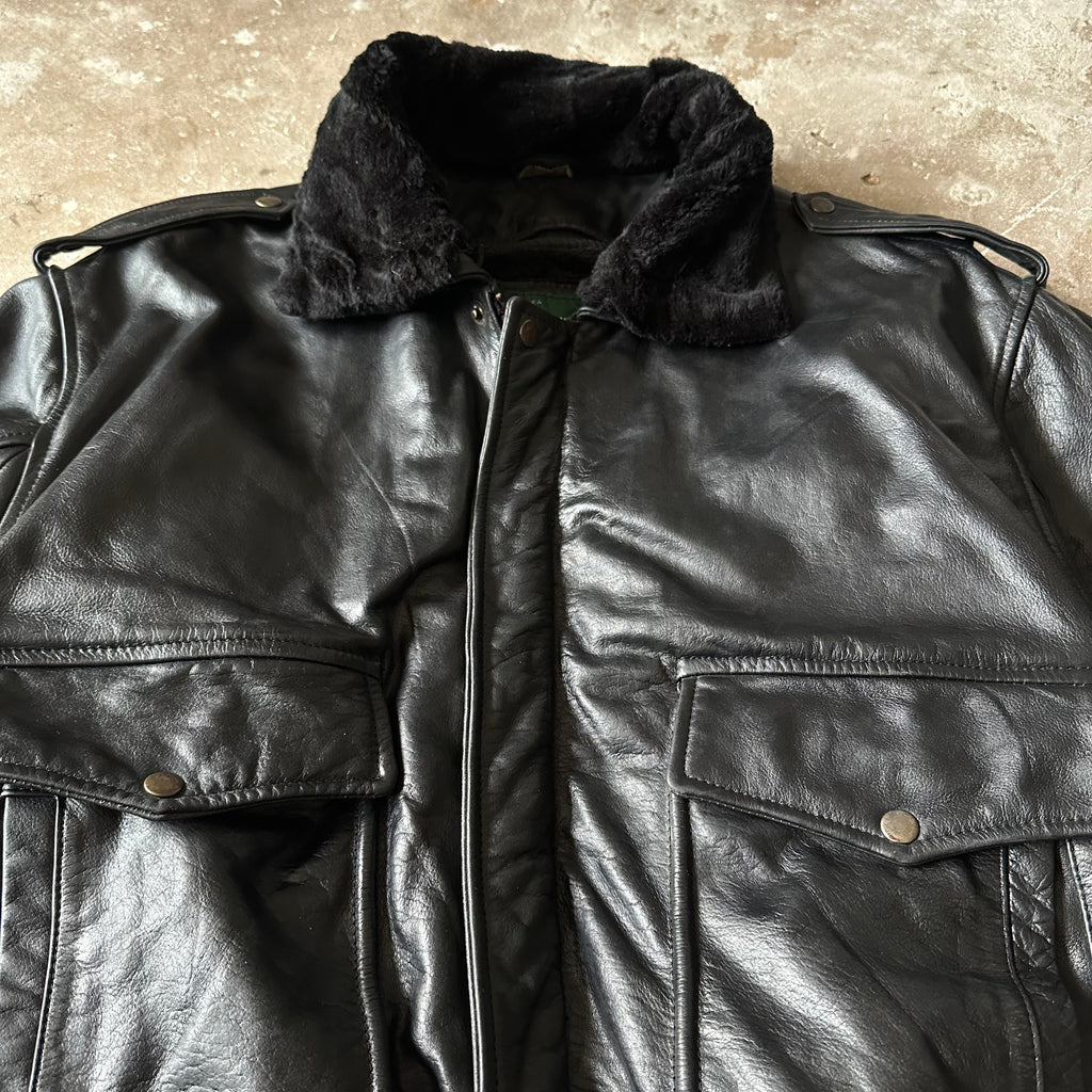 Black Bomber Leather Jacket - XL