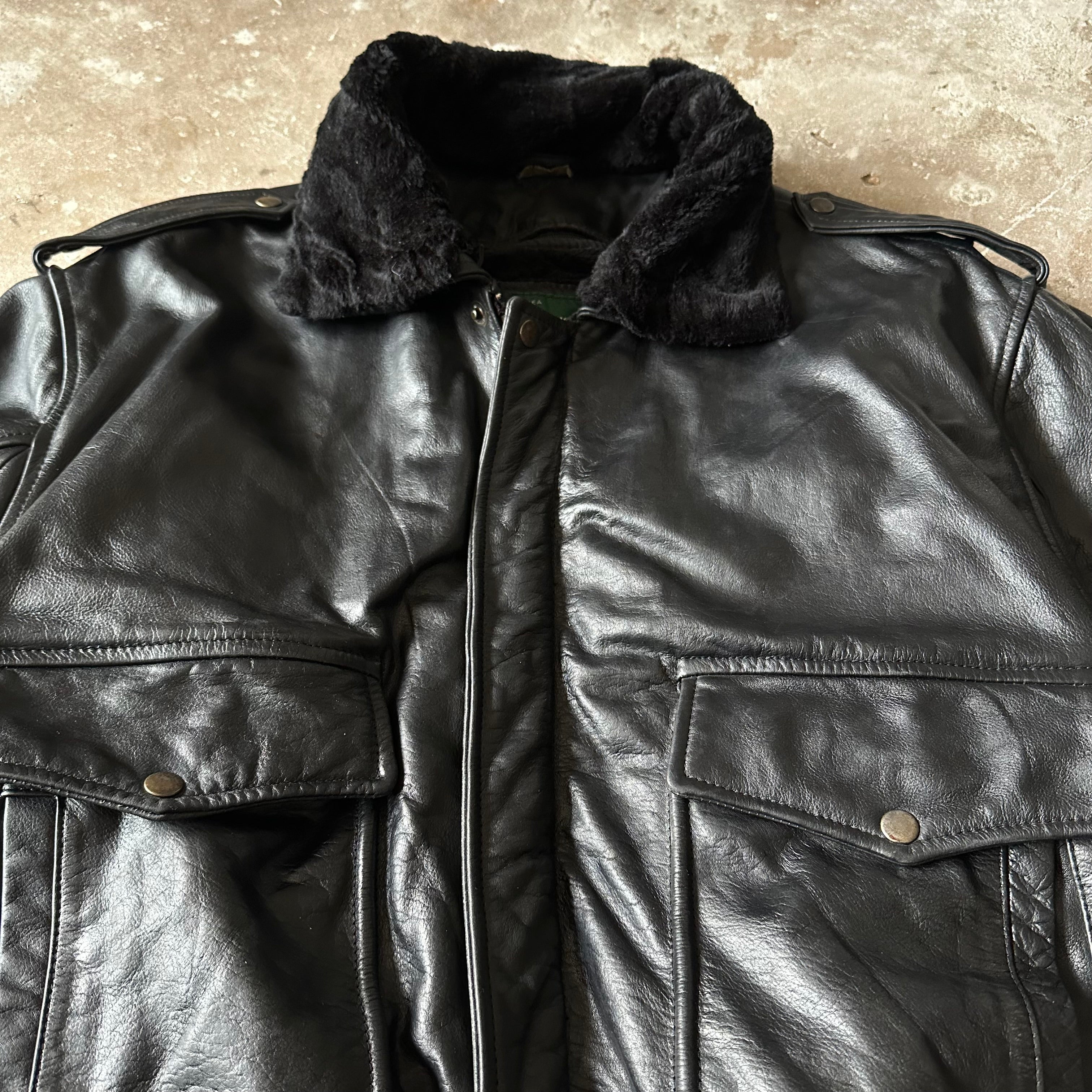 Black Bomber Leather Jacket - XL