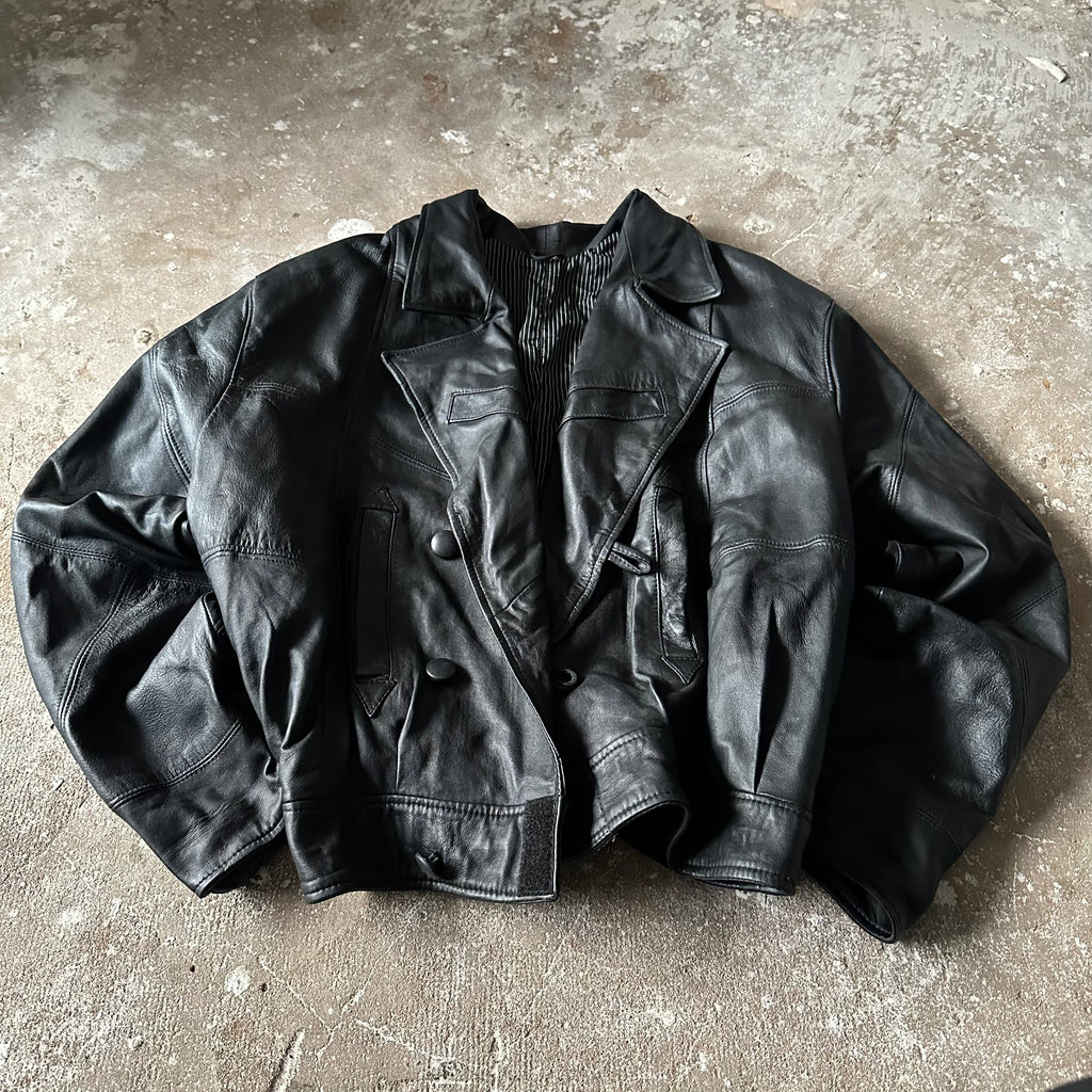 Black Bomber Leather Jacket - L