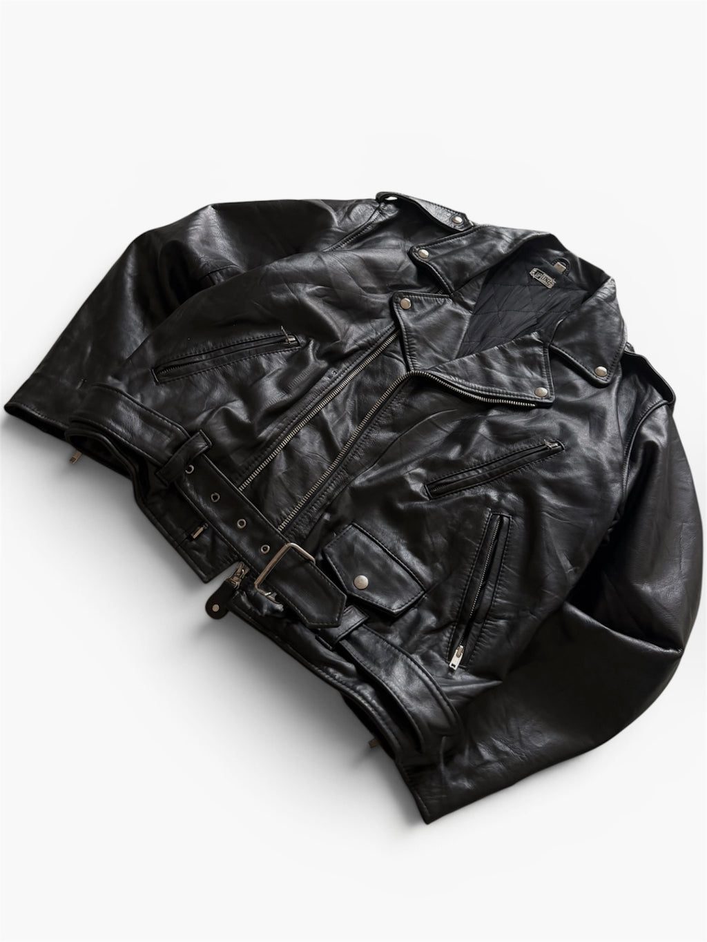 VTG Genuine Leather Biker Jacket Black Belted Asymmetrical Zip L/XL