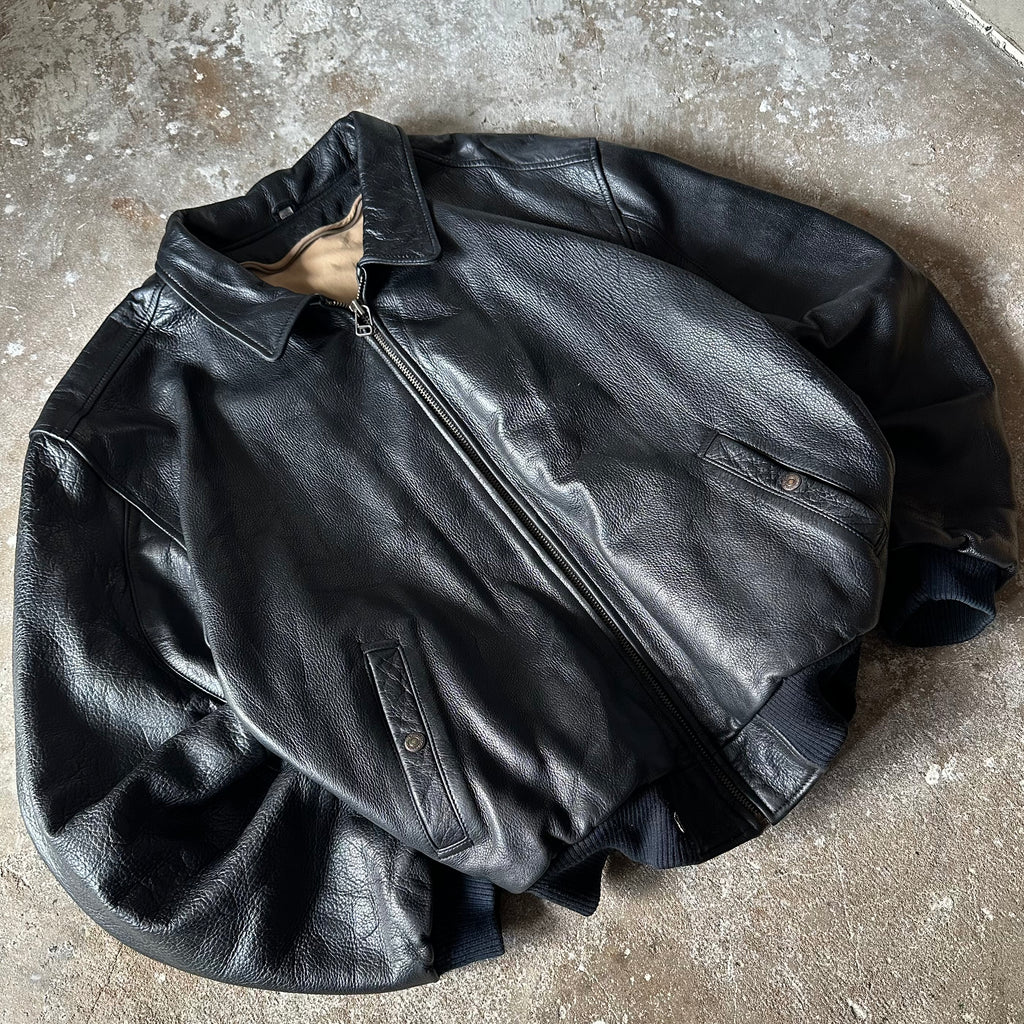 Vintage Levi’s Black Leather Bomber Jacket – Real Leather – Ribbed Waist & Cuffs- XL