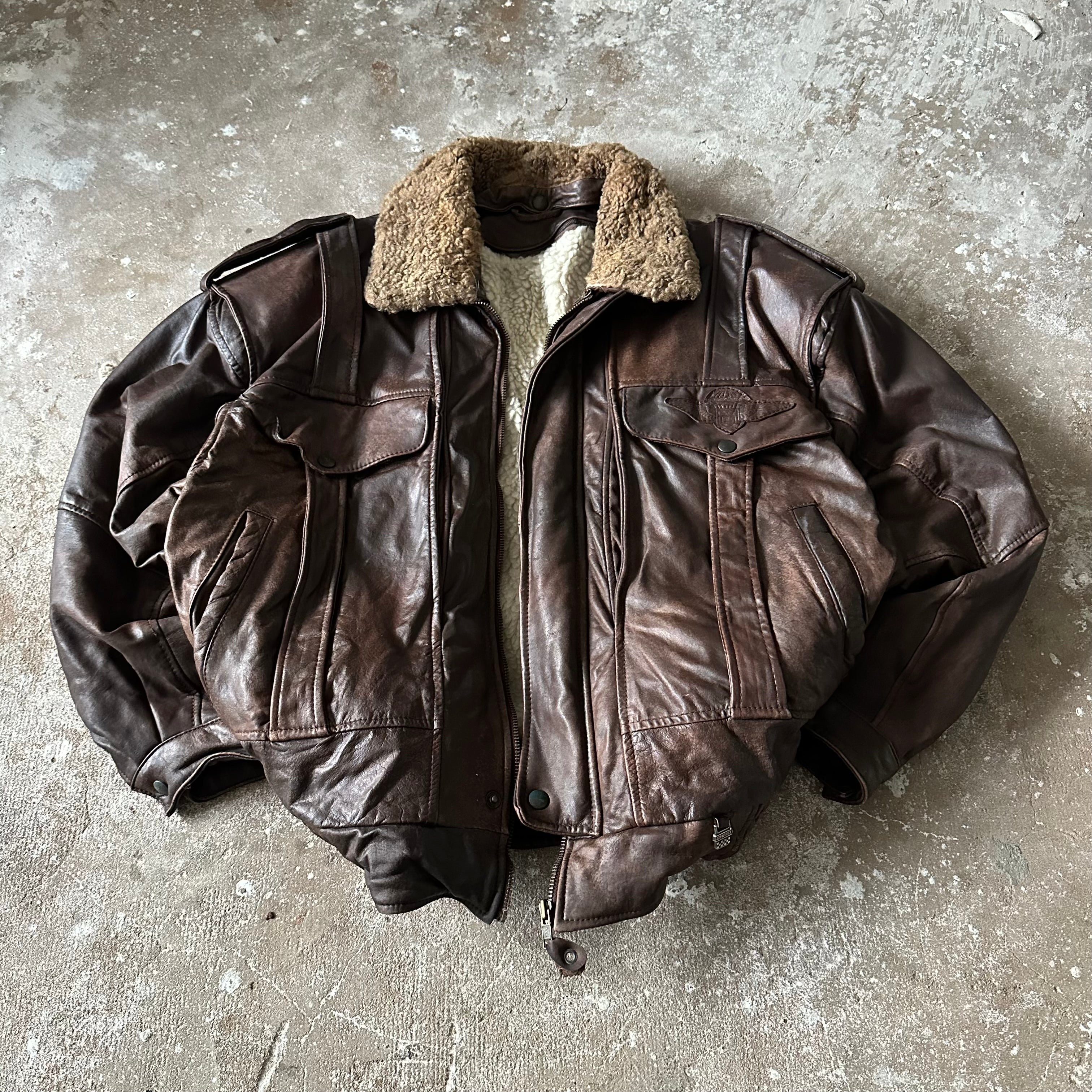 Vintage Brown Fur Heavy Leather Jacket - XL