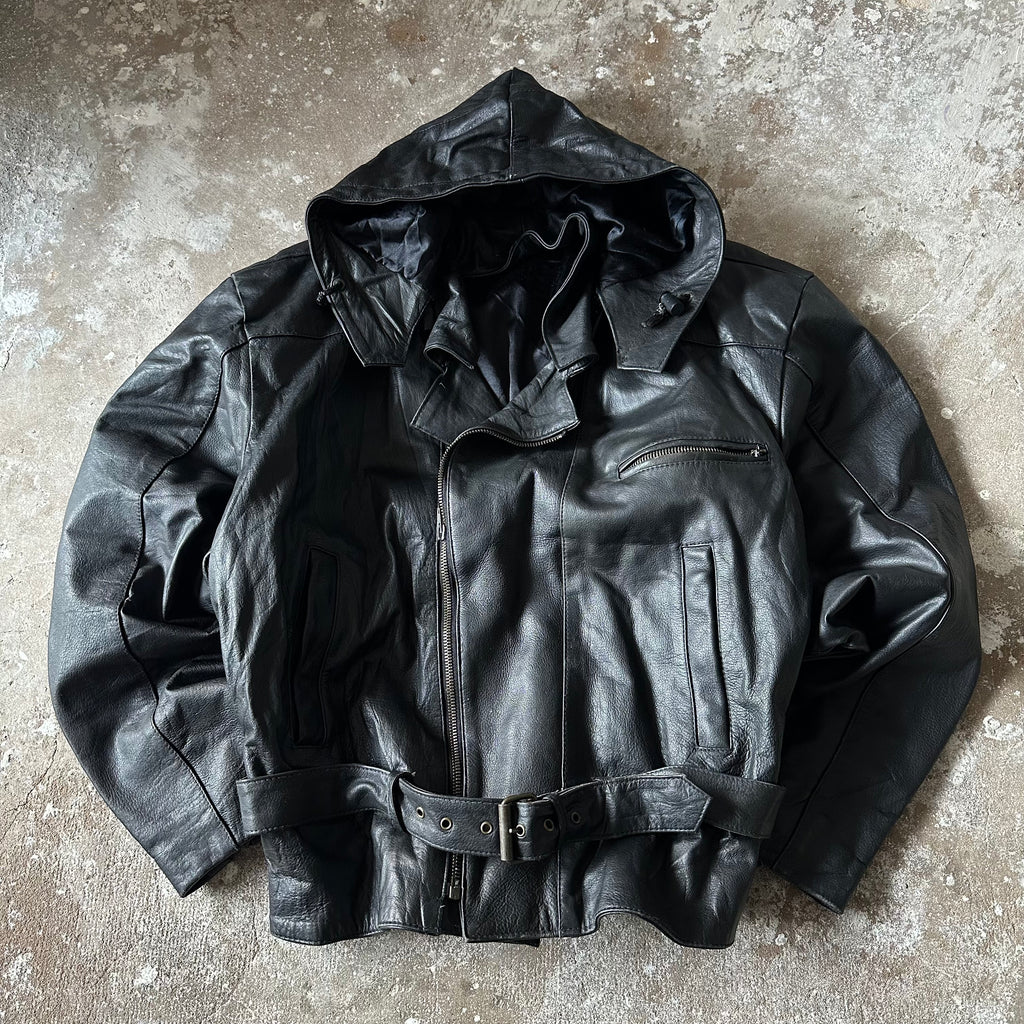 Biker Leather Jacket with detachable hood - L