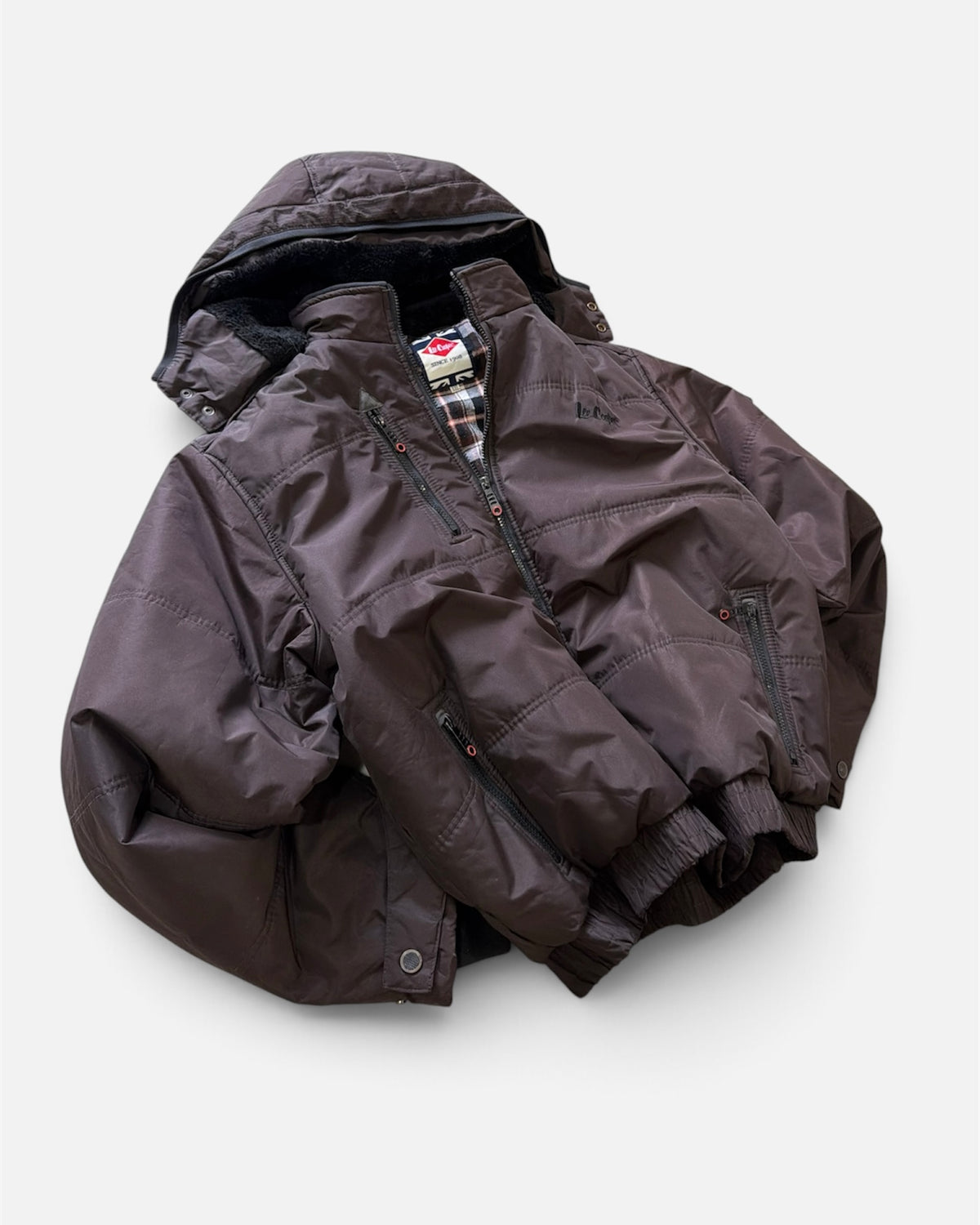 Lee Cooper Brown Hooded Puffer Bomber Jacket Faux Fur Flannel Lined- 2XL