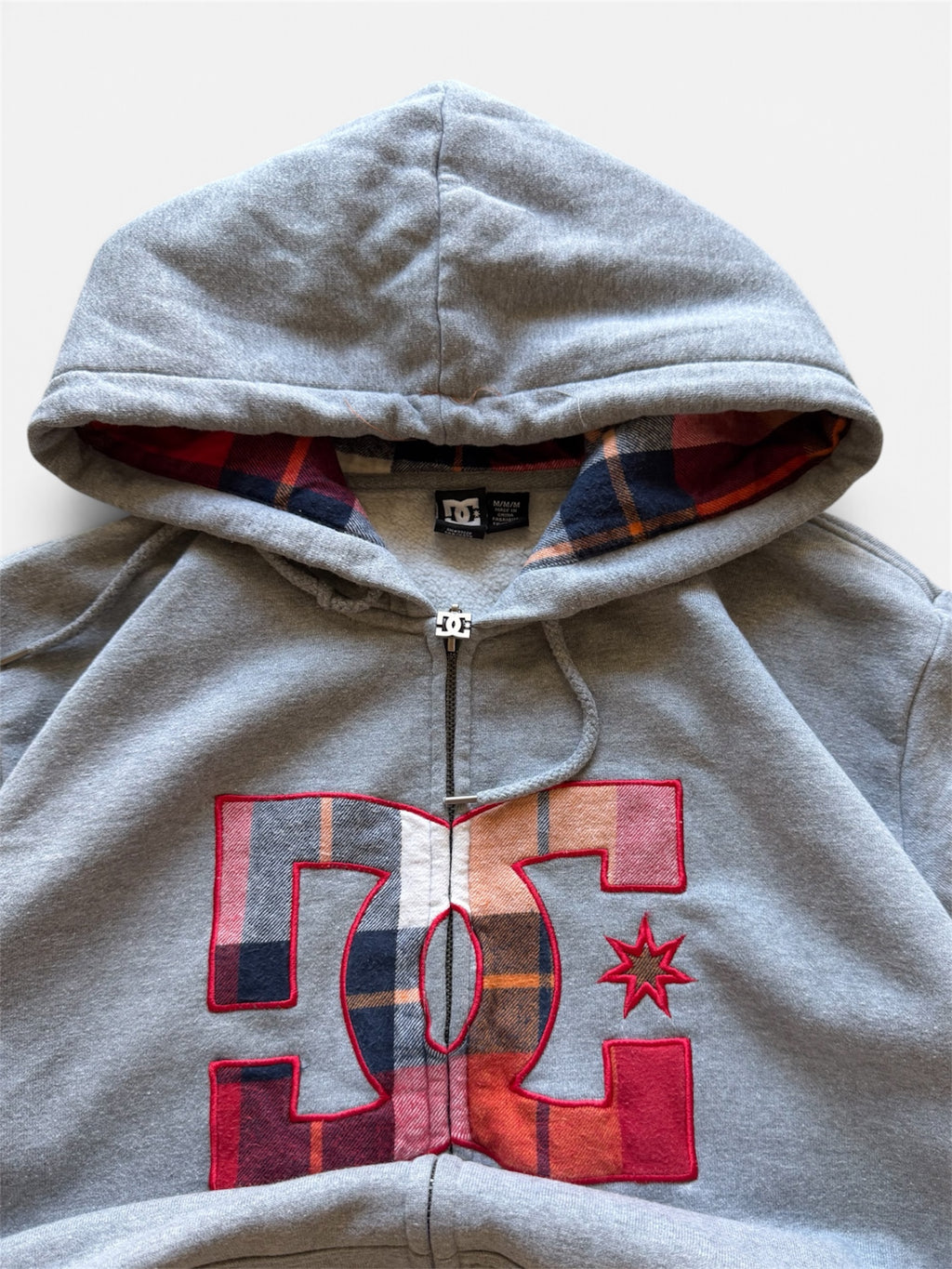 DC Zip-Up Hoodie, Heather Gray, Plaid Flannel-Lined Hood- M