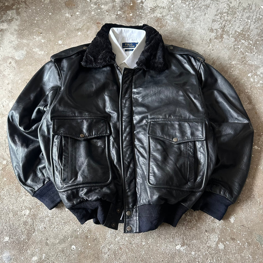 Black Bomber Leather Jacket - XL