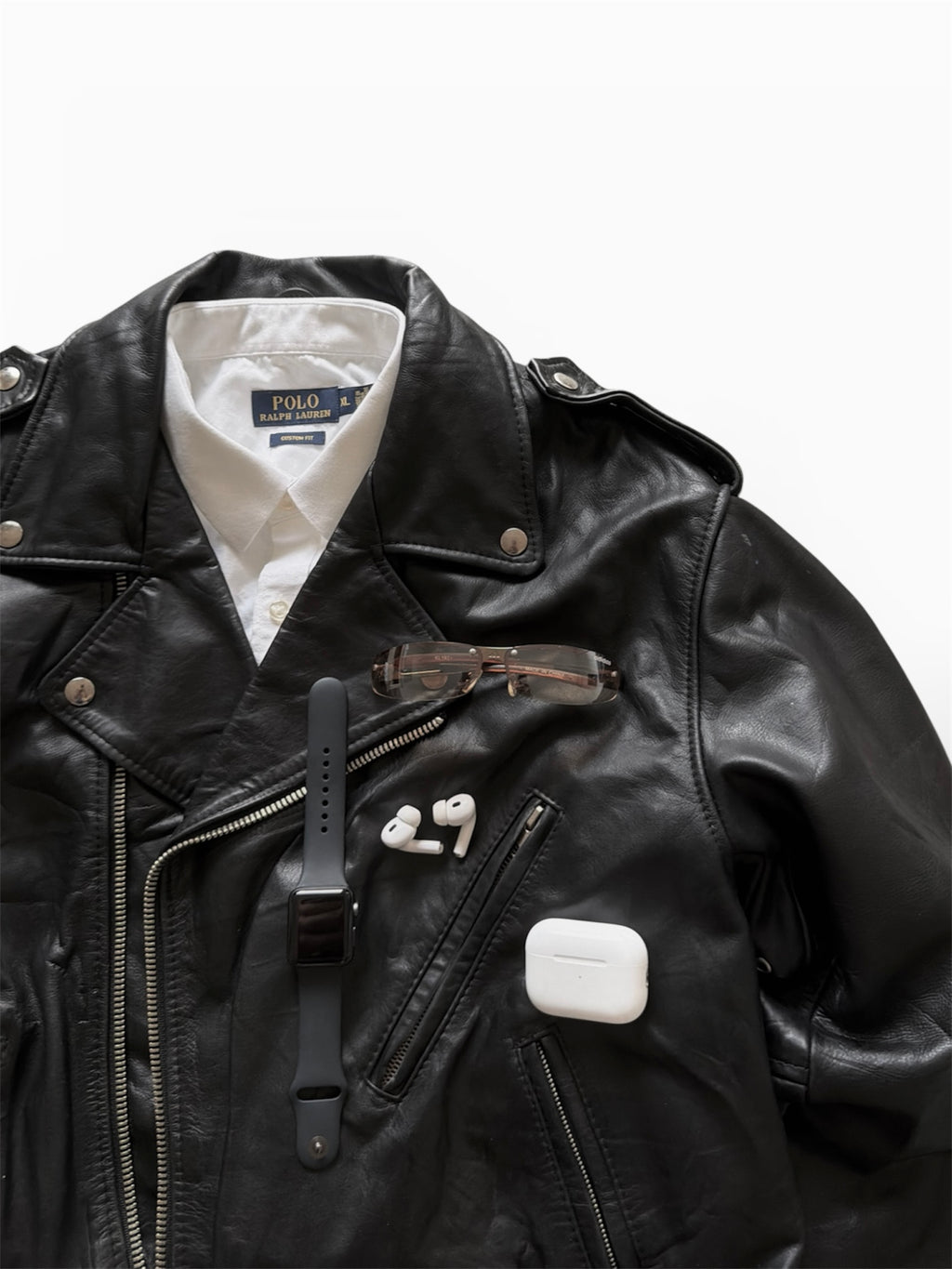 VTG Genuine Leather Biker Jacket Black Belted Asymmetrical Zip L/XL