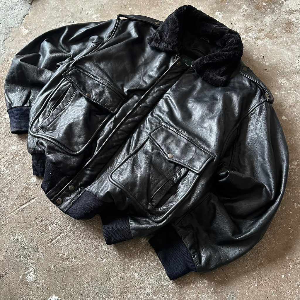 Black Bomber Leather Jacket - XL