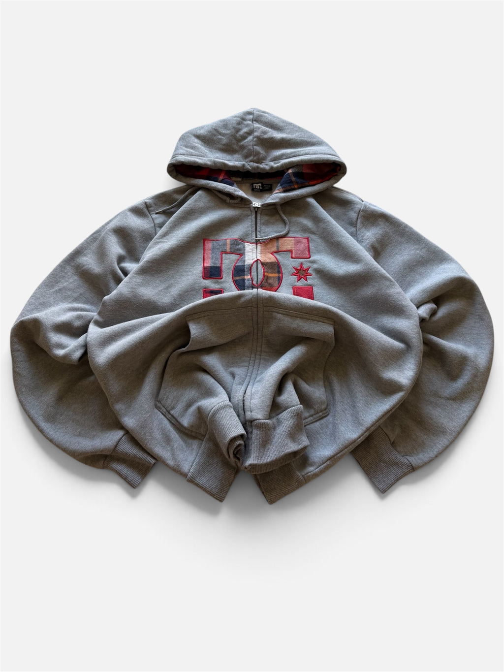 DC Zip-Up Hoodie, Heather Gray, Plaid Flannel-Lined Hood- M