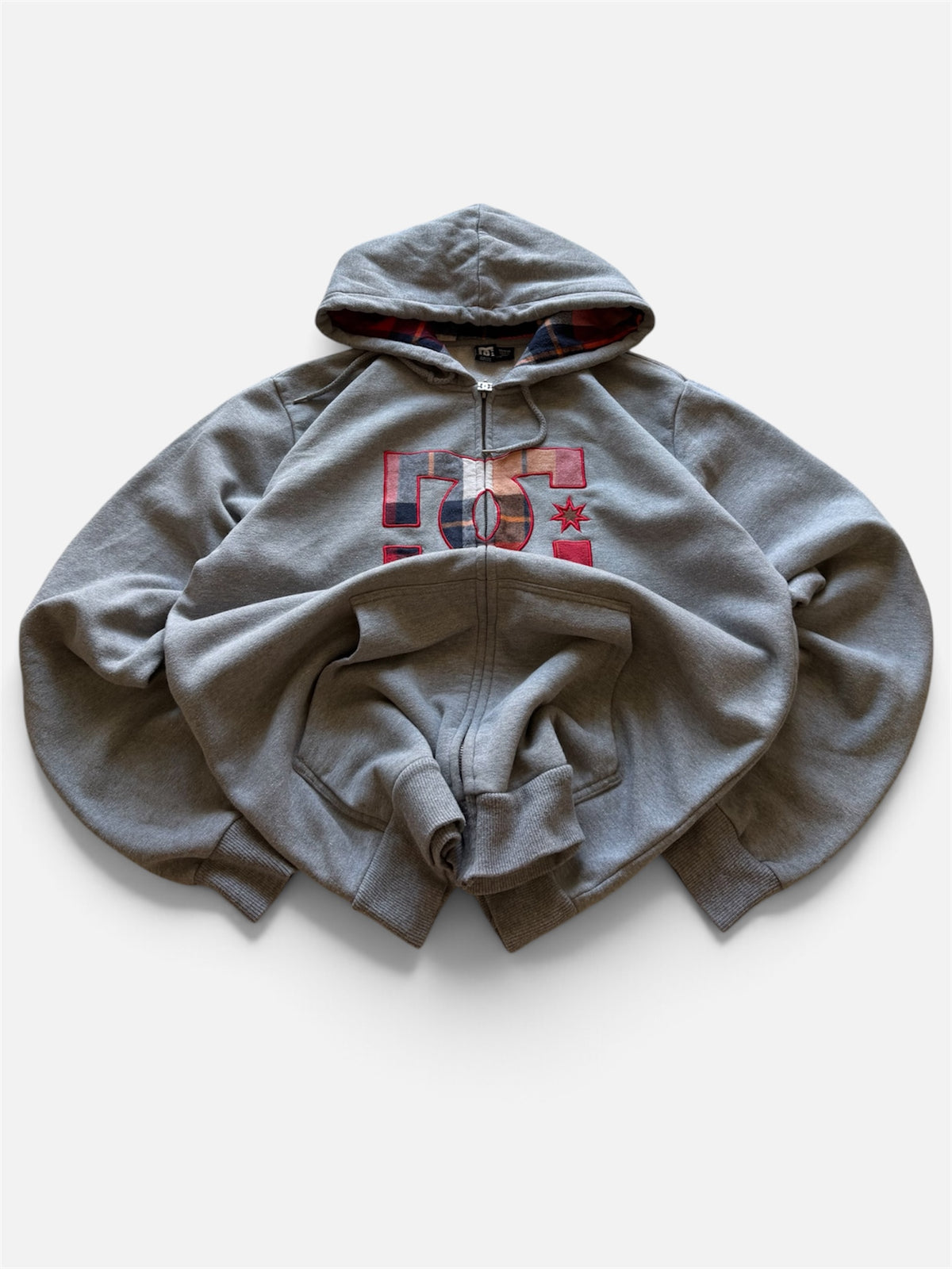 DC Zip-Up Hoodie, Heather Gray, Plaid Flannel-Lined Hood- M
