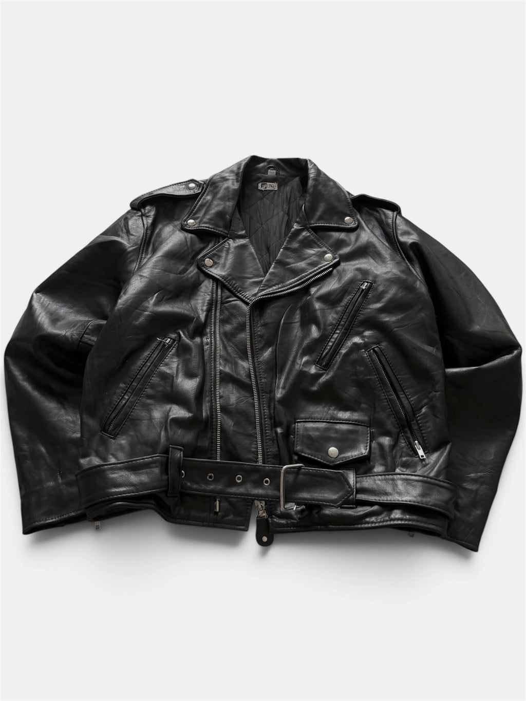 VTG Genuine Leather Biker Jacket Black Belted Asymmetrical Zip L/XL