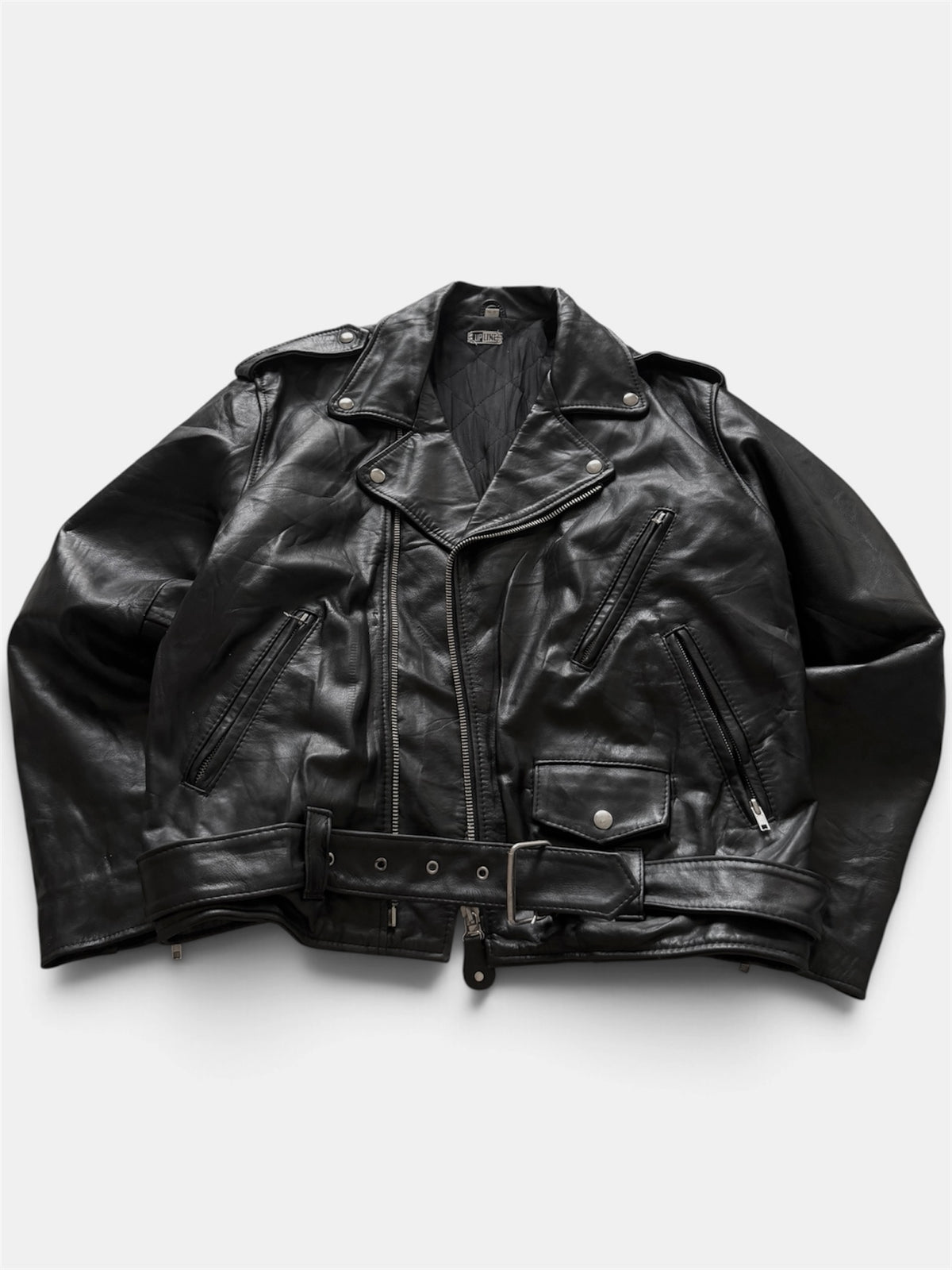VTG Genuine Leather Biker Jacket Black Belted Asymmetrical Zip L/XL