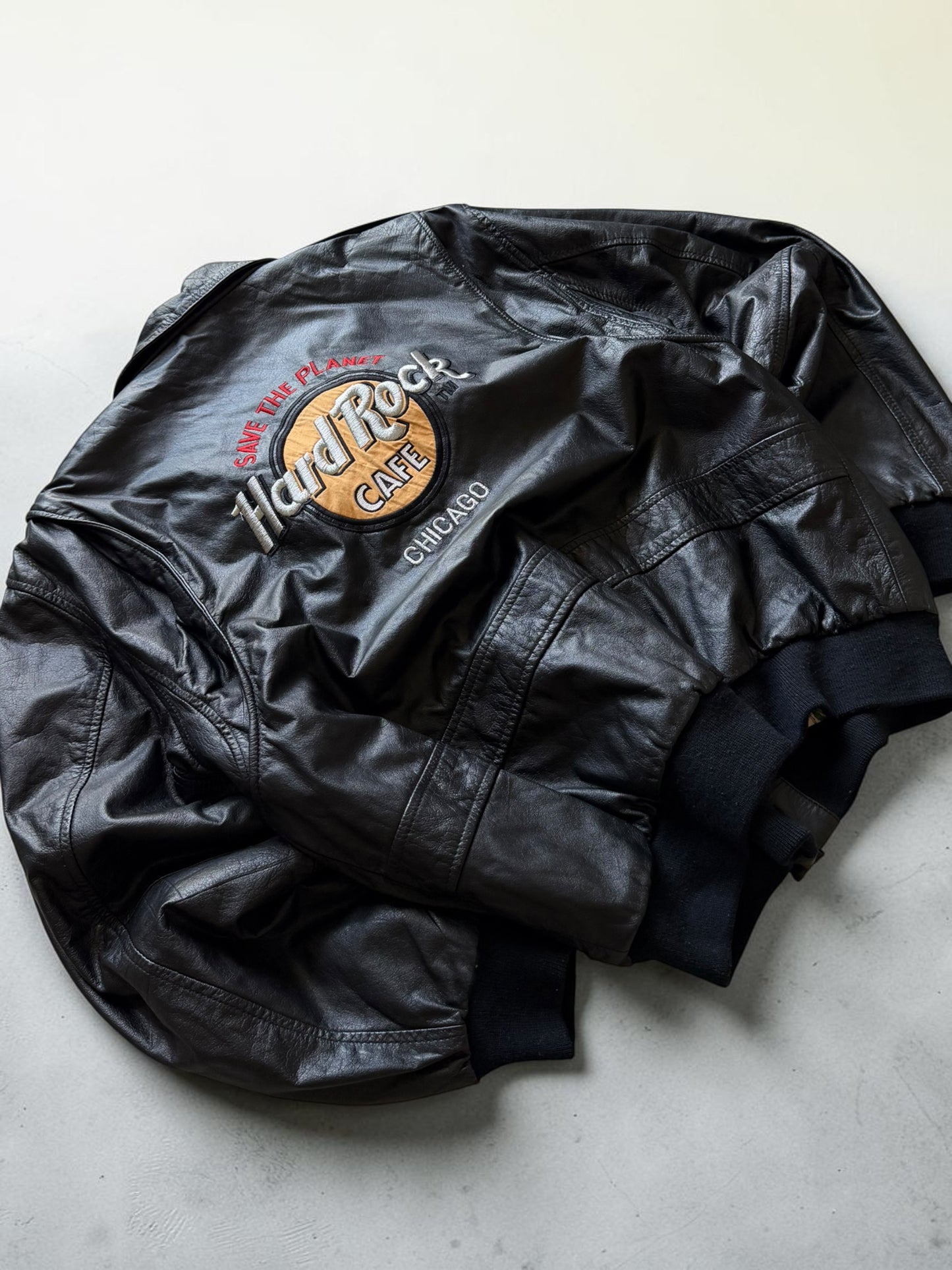 Hard Rock Cafe Chicago Black Bomber Leather Jacket- L