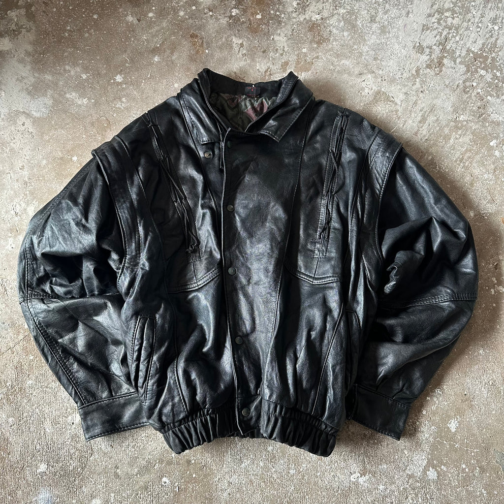 Black Bomber Leather Jacket - XL