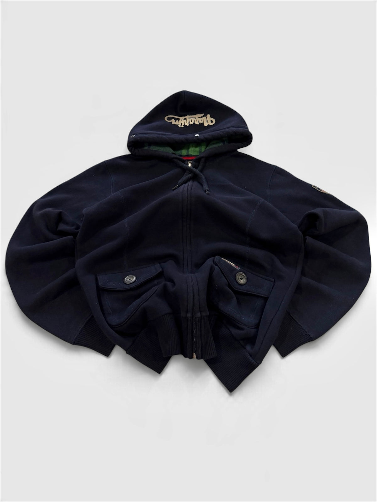 Napapijri Geographic Zip Hoodie Navy Shield Patch Plaid Flannel Hood- TAGGED XL FITS S/M