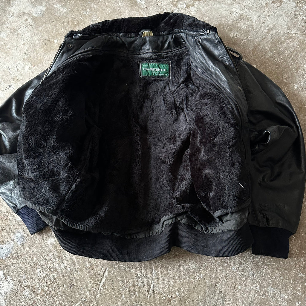 Black Bomber Leather Jacket - XL