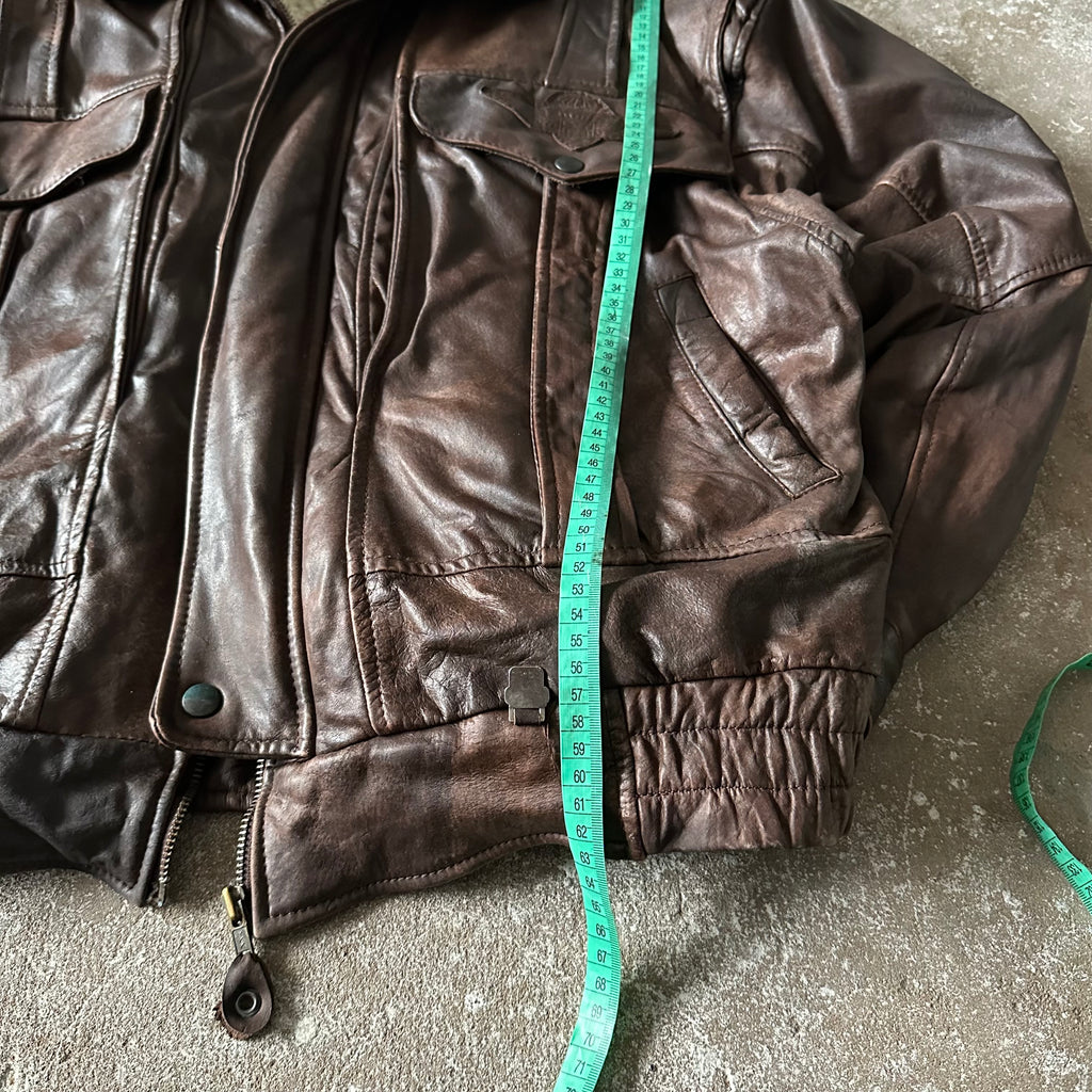 Vintage Brown Fur Heavy Leather Jacket - XL
